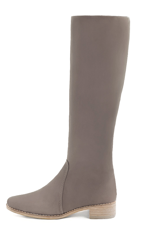 Bronze beige women's riding knee-high boots. Round toe. Low leather soles. Made to measure. Profile view - Florence KOOIJMAN